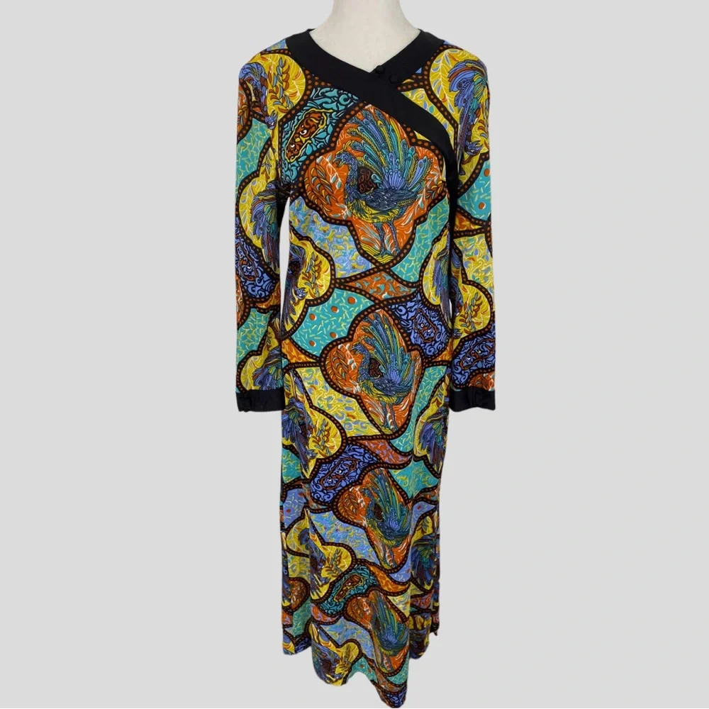 Vintage 70s Lorraine Multicolor Rooster Print Maxi Loungewear Dress